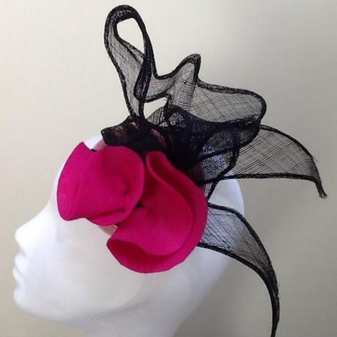 Fascinator Headpiece Occasional Wear Pink Felt Black Netting Clip-on headpiece