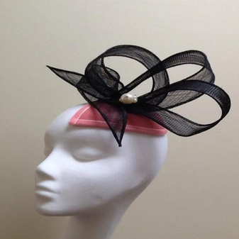 Fascinator Headpiece Occasional Wear Pink Felt Base with Black and Pearl Embellishment