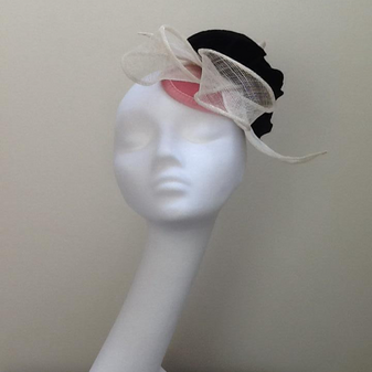Fascinator Headpiece Occasional Wear Pink Felt Base with Ivory Sinmay and Black Felt Embellishment.