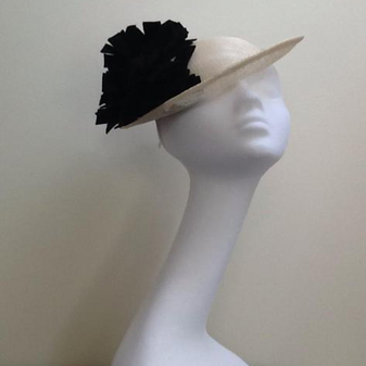 Fascinator Headpiece Occasional Wear Black Felt Embellishment on an Ivory Straw Hat Base